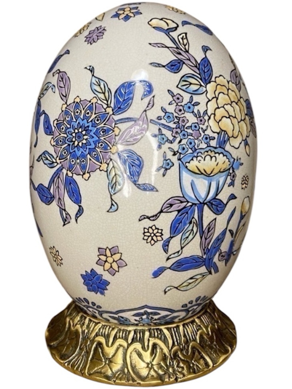 Vintage Chinese Floral Porcelain Hand Painted Egg Bronze Stand 10" Chinoiserie - Picture 5 of 8